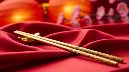 Golden Chinese chopsticks lie on a red satin cloth, next to lanterns and flowers.