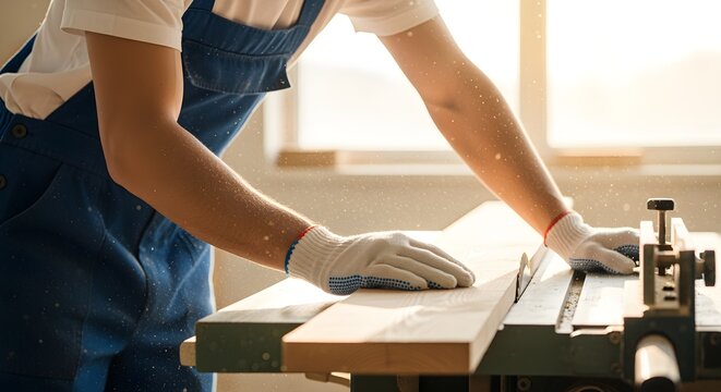 Carpenter working with wood on a table saw in a workshop. - Powered by Adobe