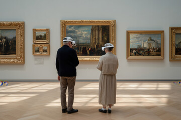 Senior man and senior woman standing side by side in art gallery wearing virtual reality headsets, observing framed paintings displayed on wall