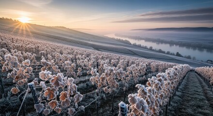 Serene vineyard vista at sunrise, frost-kissed vines meet the river under a gentle sky