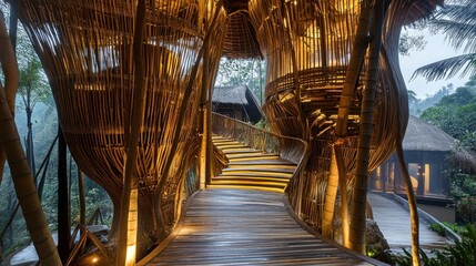 Bamboo architecture, intricate woven structures forming pavilions and walkways, lightweight and sustainable