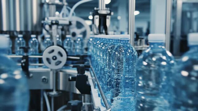 Water Bottle Production Line - This video shows plastic water bottles being processed on a factory production line.