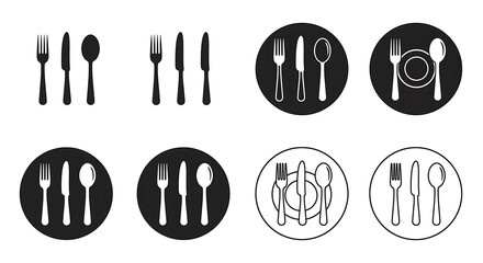 Collection of cutlery icons in various styles and arrangements