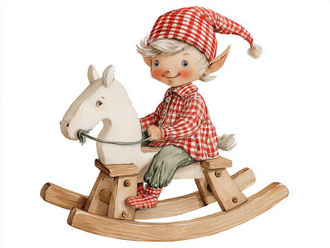 Lutin de No&euml;l en tenue rouge &agrave; carreaux sur un cheval &agrave; bascule en bois, personnage festif, jouet traditionnel, illustration enfantine, d&eacute;cembre et f&ecirc;tes de fin d&rsquo;ann&eacute;e