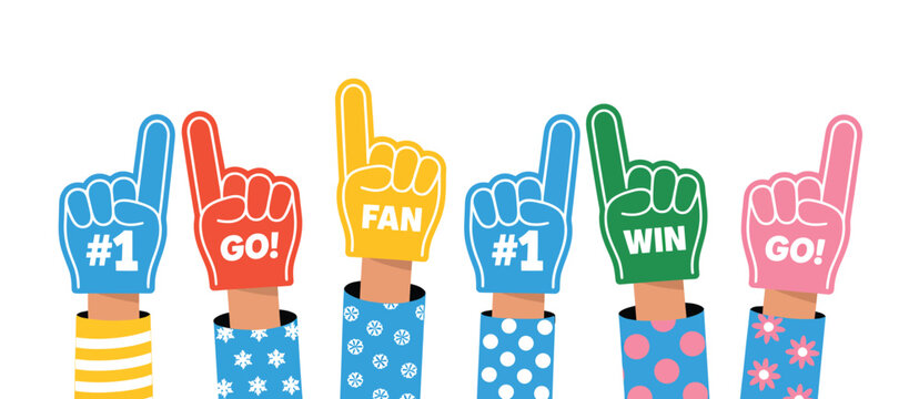 foam hand set, showing cheering fan gestures, number one finger symbols and energetic championship spirit, perfect for sports events, team support designs and promotional artwork.