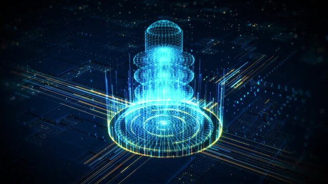 3D futuristic hologram of quantum computing processor with digital data circuits, ideal for AI, tech, and innovation themes.