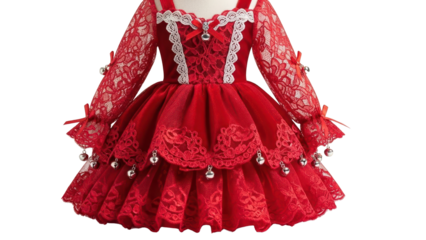 Vibrant Red Toddler Princess Dress with Lace Sleeves, White Trim, and Decorative Silver Bells isolated PNG with Transparent Background