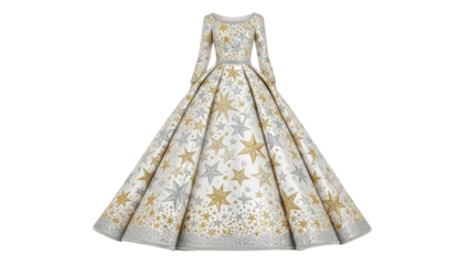 Elegant Long-Sleeved Ball Gown with Metallic Gold and Silver Star Pattern Illustration isolated PNG with Transparent Background