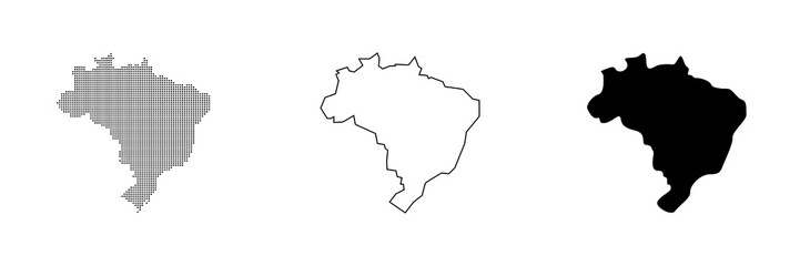 Brazil map set in multiple styles including halftone, outline, and solid silhouette. Brazil country map for infographic, cartography, education, data visualization, and design projects. map of brasil