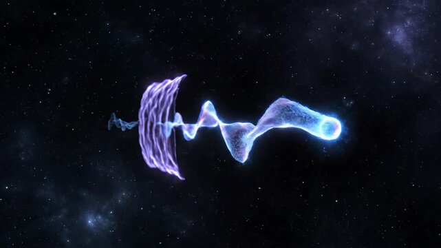 Quantum Physics Illustration - This abstract illustration depicts a quantum physics concept with an energy orb emitting a particle stream passing through a diffraction element.