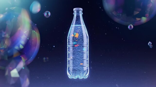 Transparent bottle of water with colorful objects and bubbles floating in space