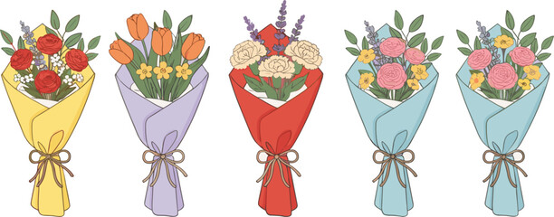Beautiful hand drawn flower bouquet collection with roses tulips and spring flowers wrapped in paper