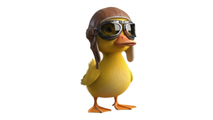 Cute 3D Render of a Yellow Baby Duck Wearing a Leather Aviator Hat and Goggles isolated PNG with Transparent Background