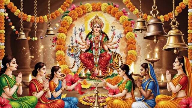 Durga Puja Celebration - This video depicts a celebration of Durga Puja, with Goddess Durga riding a tiger and surrounded by women praying.