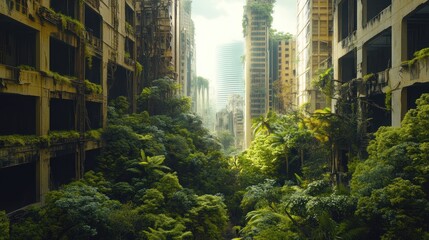 Ruined futuristic city, overgrown with alien flora, post-apocalyptic architectural remnants