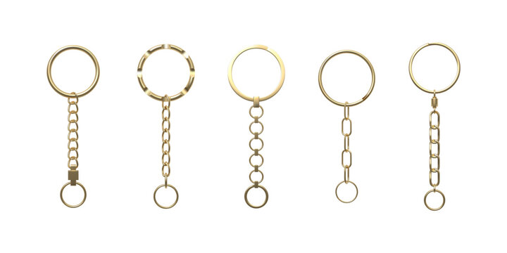 Golden keychain vector set, 3D realistic metal keychain with straight chain and ring, steel keyholder for keys, breloque
