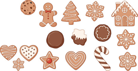 Christmas gingerbread cookies illustration set with festive shapes snowflakes hearts candy cane and holiday bakery treats flat vector