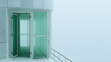 Fototapeta premium Modern doorway opens onto an expansive field of thick, pale atmosphere