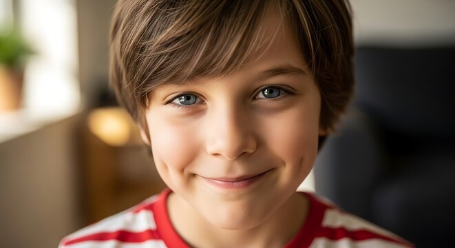 Young boy with bright blue eyes displays a warm and inviting smile in a  portrait