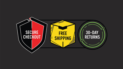 Vector Illustration of three e-commerce trust badges featuring secure checkout shield, free shipping box, and 30-day returns circular icon on dark background.