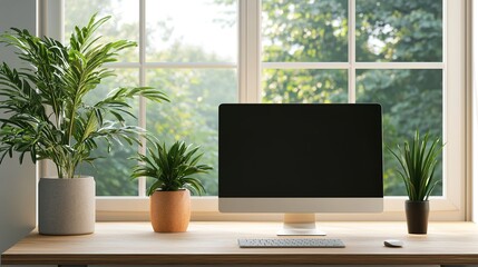 Fototapeta premium Bright modern workspace with sunlight home office digital environment natural setting cozy viewpoint inspiration