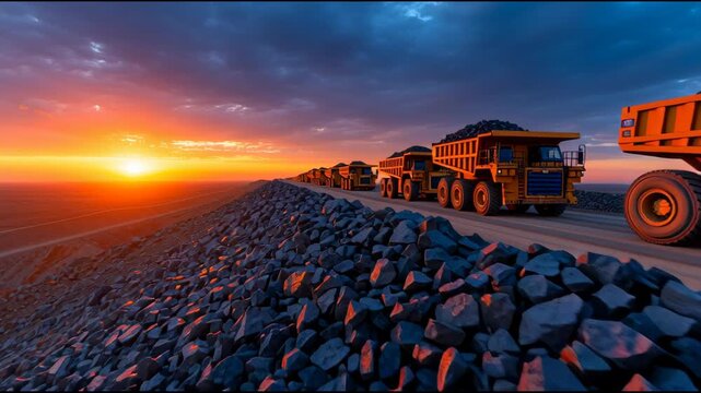 A train is driving down a road with a sunset in the background. The train is carrying a large amount of coal