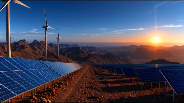 A row of wind turbines are lined up in a field. The sun is setting in the background, casting a warm glow over the scene. The turbines are all facing the same direction