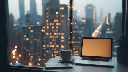 Creative workspace aesthetic with city view urban environment photography stylish design concept