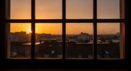 Fototapeta premium Golden Hour Sunset Through a Window Overlooking a Cityscape.