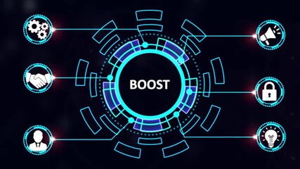 A Boost concept button on a futuristic ,beautiful abstract wave technology background, white flickering dots on technology background. Digital technology background random dot . - Powered by Adobe