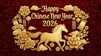 Happy Chinese New Year 2026, featuring elegant horse silhouette, ornate flowers, and festive decorative elements on red background