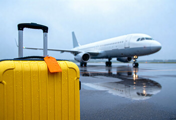 Close-up of a yellow suitcase with orange luggage tag on a rainy airport tarmac, with a commercial airplane waiting in the blurred background for travel