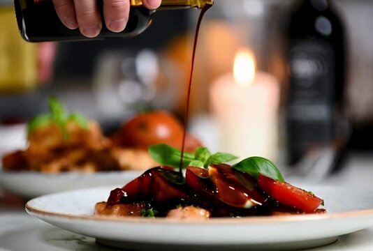 Pouring Balsamic Glaze Over Caprese Salad Close Up Slow Motion Gourmet Food Preparation Delicious Meal Recipe Serving Dish High Angle View 4k