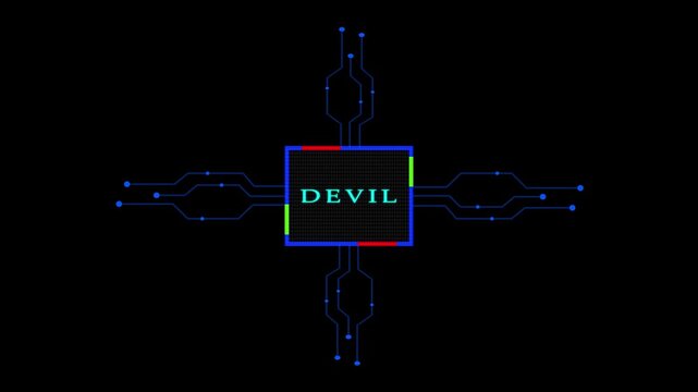 Neon Devil- text animation on black background. Glowing neon text.. Technology Neon text letter animation.,.