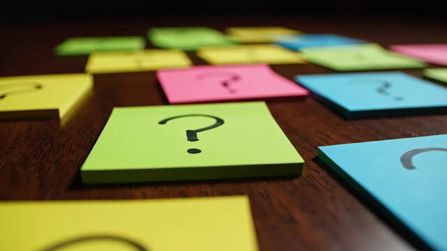 Colorful Sticky Notes with Question Marks - A vibrant arrangement of sticky notes in various colors, including pink, green, and blue, scattered on a wooden surface.