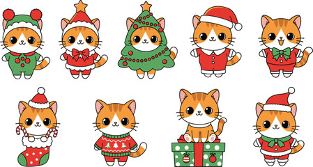 Cute Christmas cat character set with festive costumes Santa outfits tree gift box and holiday decorations flat vector illustration