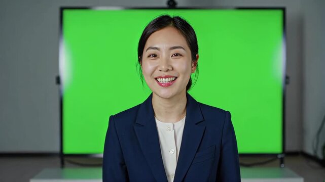 Front shot of a working woman in front of a green screen