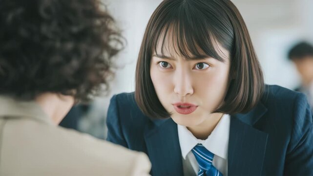日本人女性が部下を叱責している、緊張感のある場面