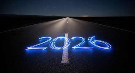 Blue neon text on the road at night 2026 new year start concept 