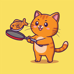 Cute Cartoon Orange Cat Cooking Fish Vector Illustration