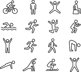 Human activity icon set, people motion poses exercise sports actions, simple outline pictogram collection for fitness interface design apps web