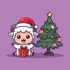 Cute Cartoon Sheep with Christmas Tree and Gift Vector Illustration