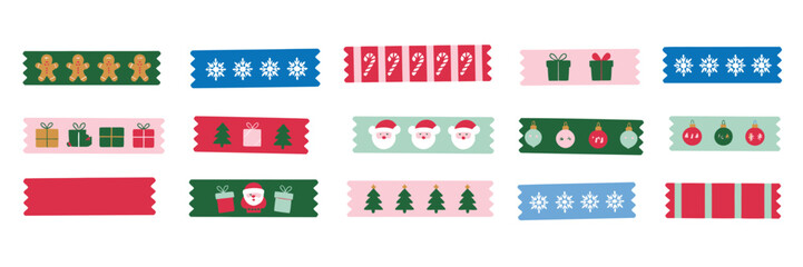 Fototapeta premium Holiday decorative tape and sticker collection, featuring flat modern vector washi strips for Christmas and new year, including border elements, festive icons and colorful paper label design elements 