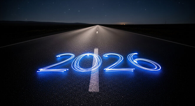 Blue neon text on the road at night 2026 new year start concept  - Powered by Adobe