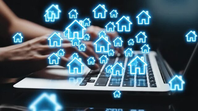 Digital Real Estate Concept - This video depicts a close-up view of a laptop keyboard with hands actively typing.