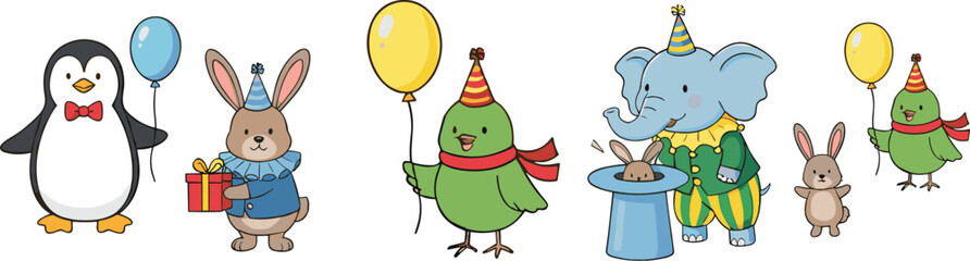 Cute party animal character set with penguin bunny bird and elephant holding balloons gifts and magic props flat vector