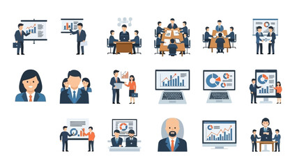 Illustrations of business professionals at meetings, presenting, and analyzing data.