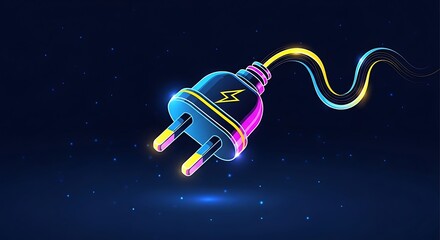 Stylized electrical power adapter with glowing neon energy flowing from its cord against a dark starry background