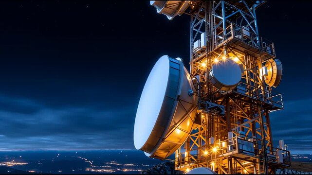 A tall tower with a lot of antennas on top of it. The tower is lit up at night