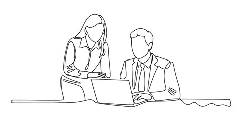 Continuous line drawing of business people discussing a project on a laptop Vector, illustration
